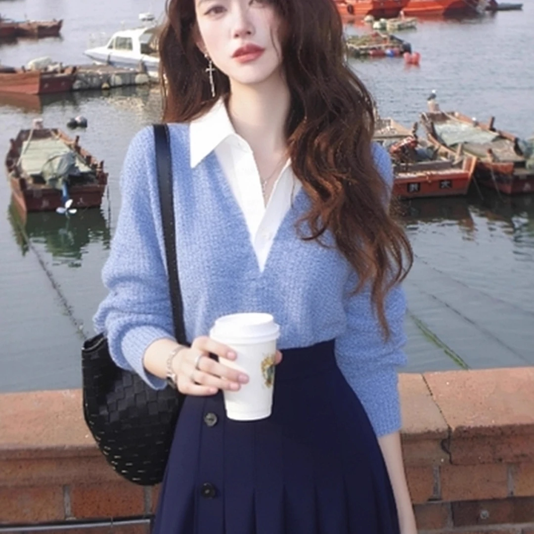 SS5520学院风蓝色polo领拼接长袖女秋季新款气质知性今年流行上衣