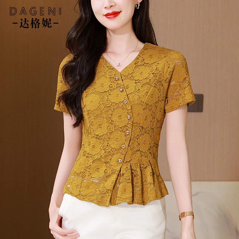 高贵洋气短袖蕾丝上衣女2025夏季新款荷叶边减龄短款收腰显瘦小衫