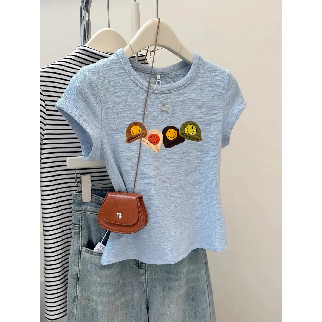 2025夏季薄款圆领竹节棉新款天蓝色t恤女印花洋气小个子短款上衣