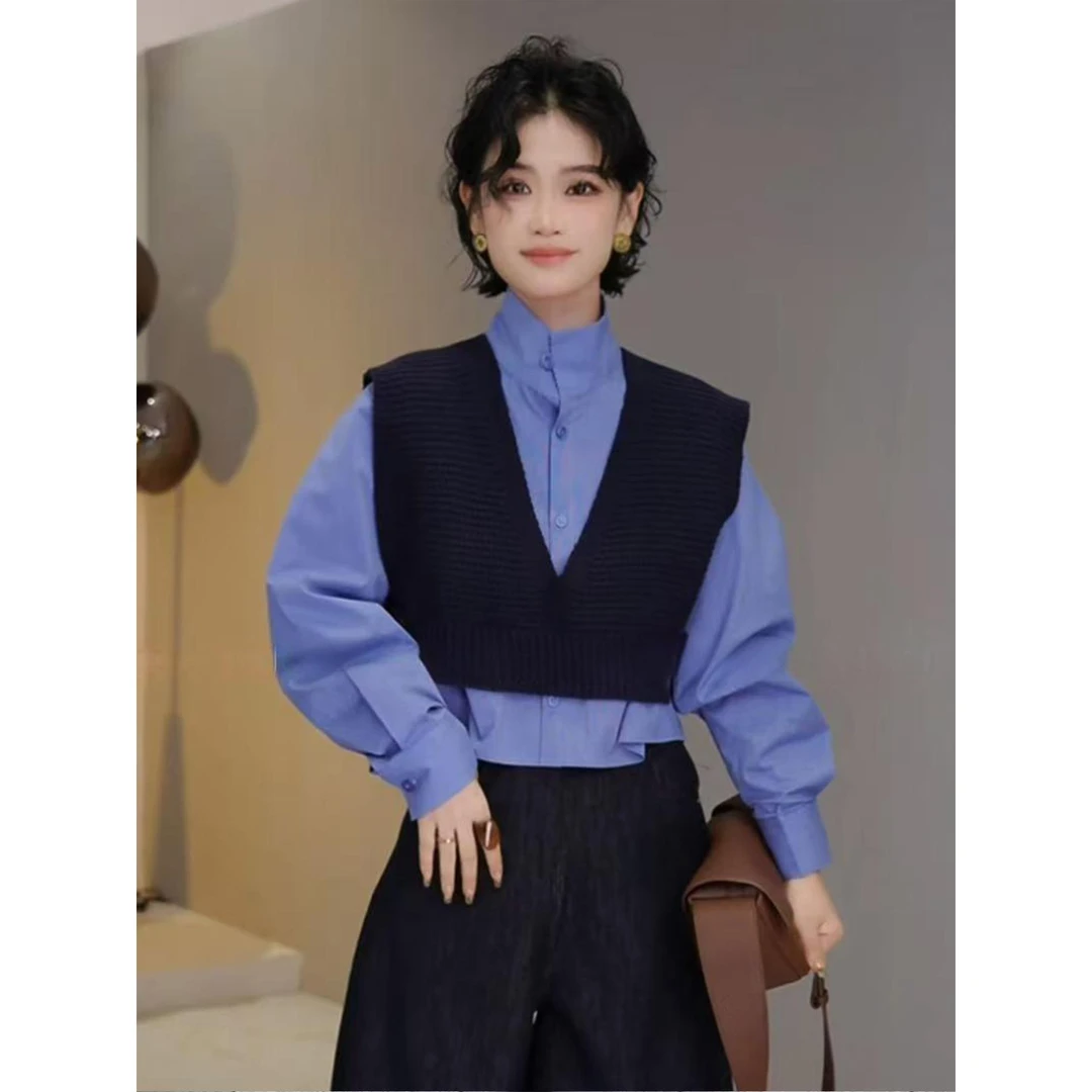 多一“蓝色信笺”2025早秋高级感法式V领马甲+格纹衬衫可拆卸两件套