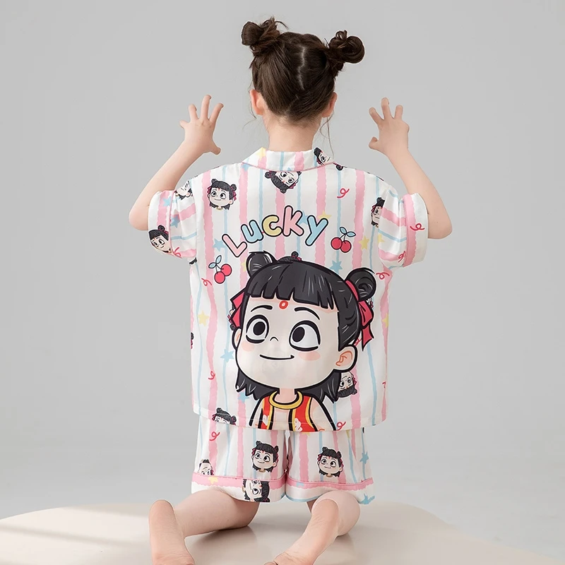 儿童睡衣女童夏季双短套装女孩冰丝薄款中大童空调家居服