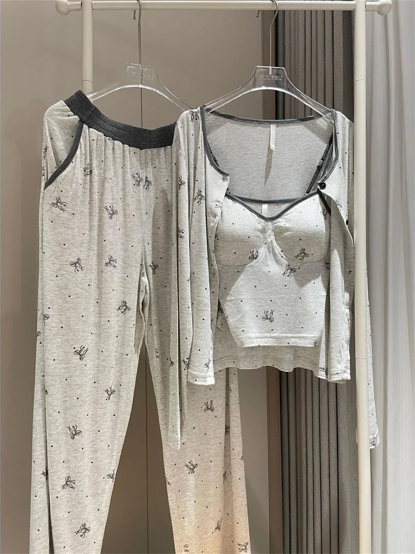 【蝴蝶结印花】韩系纯欲性感带胸垫吊带睡衣女长袖长裤家居服三件套