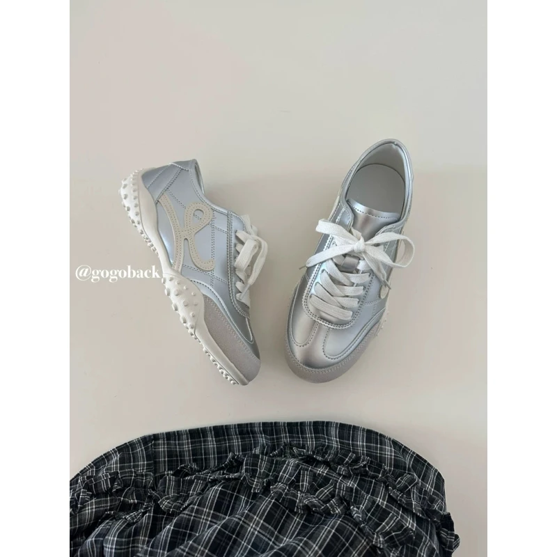 韩女ins复古小众银色德训鞋厚底增高休闲运动鞋百搭软底阿甘鞋女