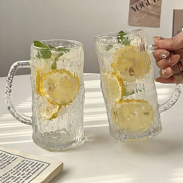 树纹带把手玻璃杯ins高颜值家用果汁透明玻璃杯耐高温玻璃水杯yj