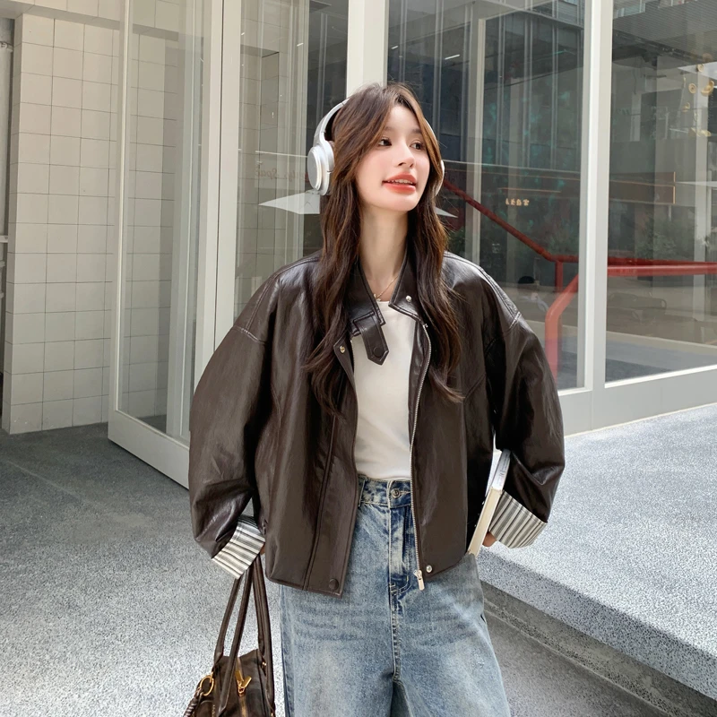 咖色美式复古炸街甜酷风皮衣外套女2025秋季新款机车范百搭皮夹克