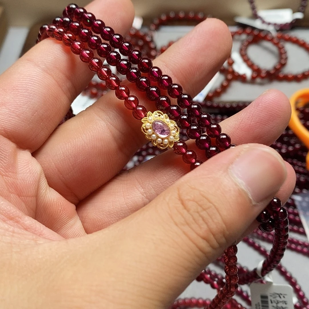 手链银S925镶嵌石榴石@*花4.5mm