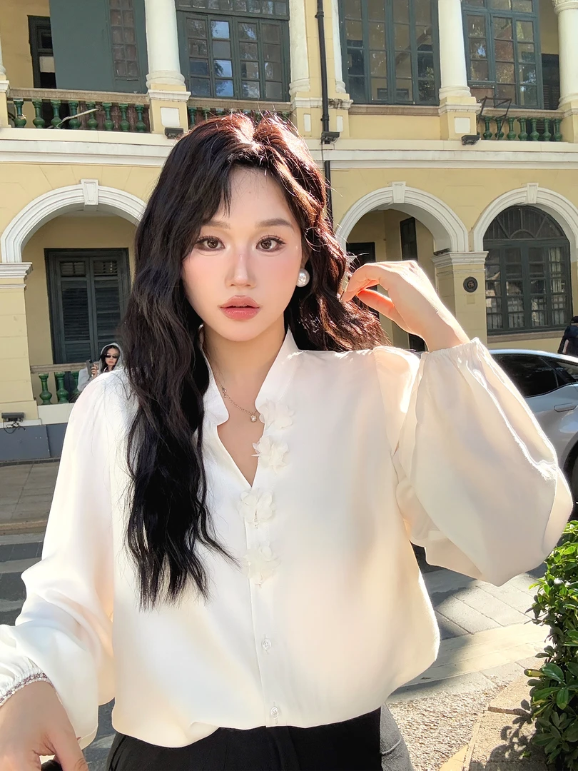 月半鱼【霜华浮月】禅意风设计感衬衫女春夏季百搭宽松国风v领衬衫