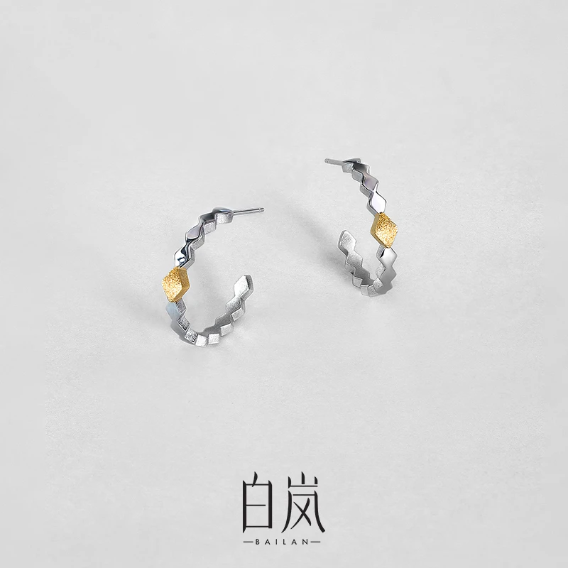 925银耳饰 【8月新品】菱格耳环耳钉纯银简约素圈原创素银女ED4753