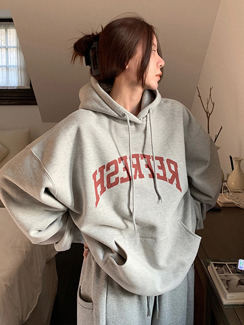 哈尼HONEY灰色美式复古字母连帽加绒卫衣女秋冬宽松慵懒潮牌上衣