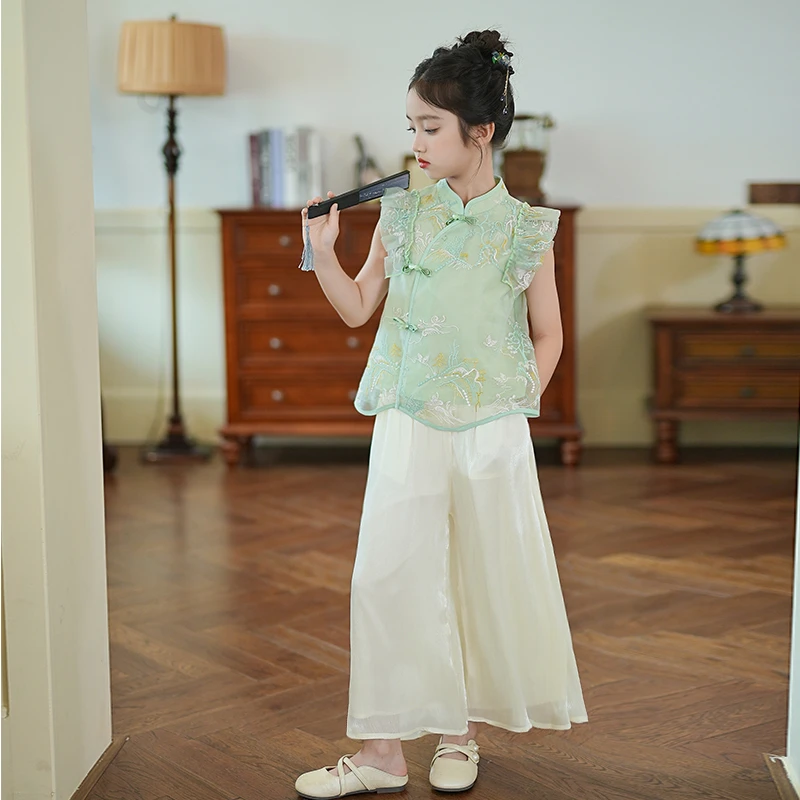 80695【青柠】女童唐装汉服演出服2025新款女孩新中式国风套装夏季