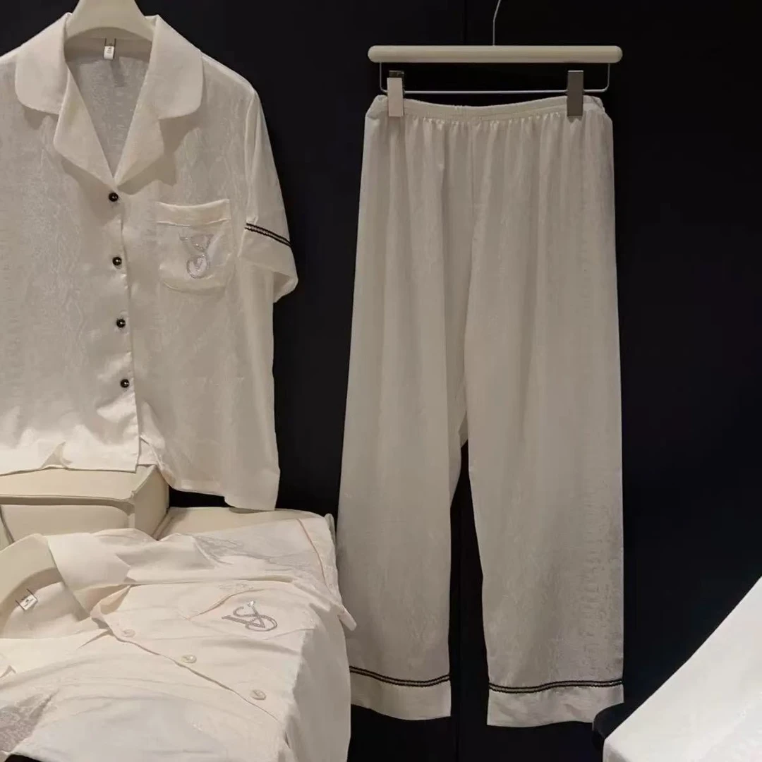 轻奢提花带钻字母短袖长裤情侣款家居服套装1486#（盒）