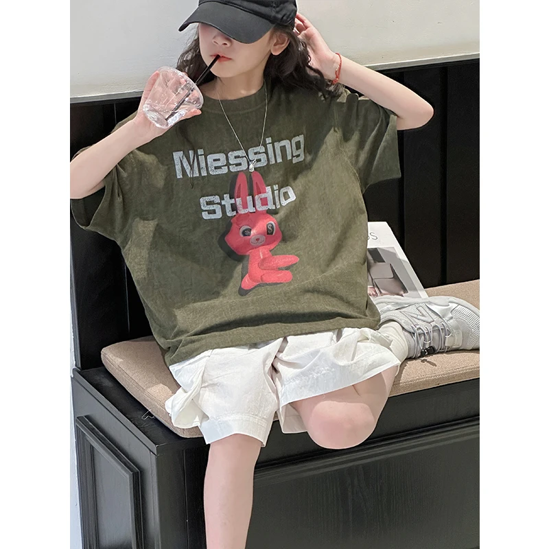 K28733做旧女童短袖T恤2025新款夏装儿童上衣半袖大童休闲时髦潮t