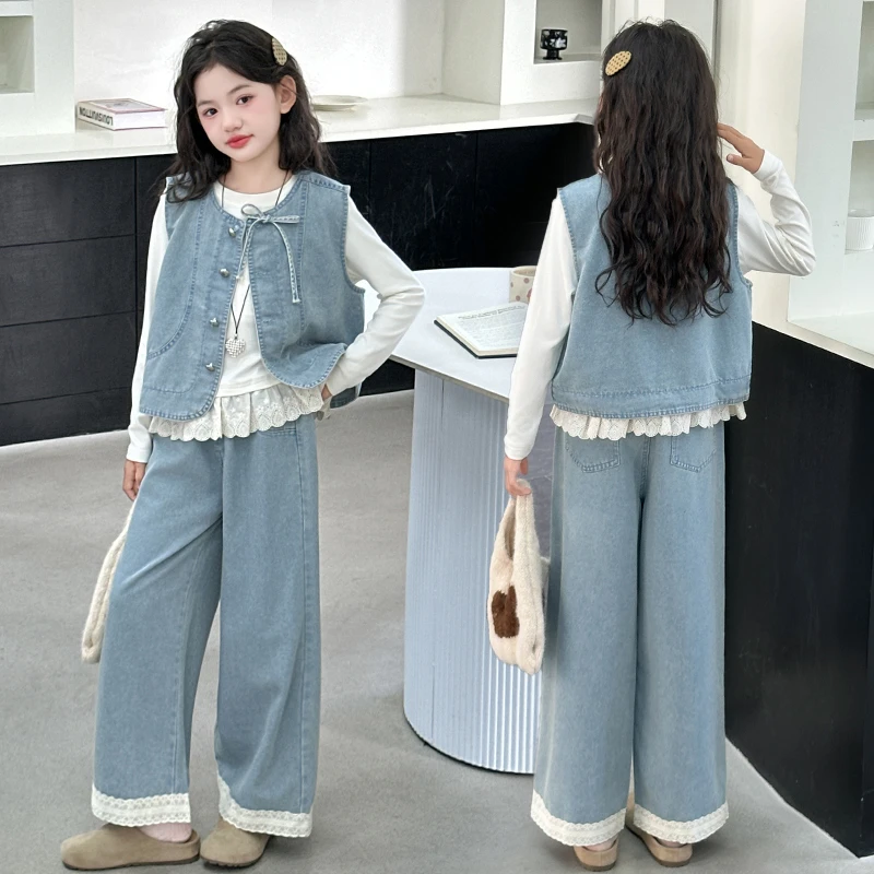 女童春秋新品牛仔套装儿童时尚洋气休闲风牛仔三件套女孩韩版秋装