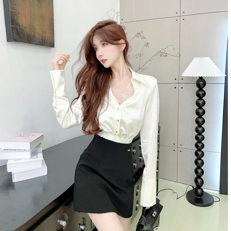 《维纳斯之夜》高级感缎面衬衫拼接蕾丝收腰显瘦#8533