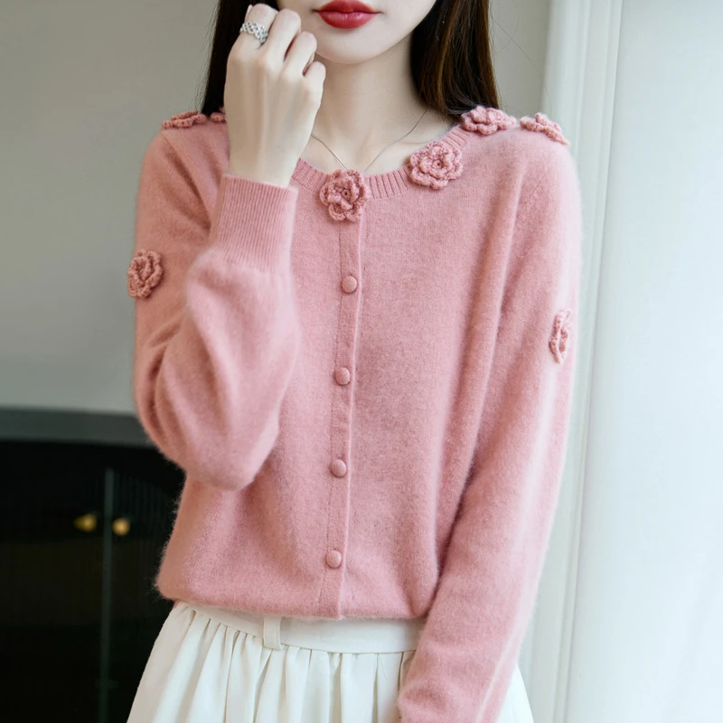 纯羊毛重工刺绣钩花开衫女圆领玫瑰花针织衫宽松羊毛衫外套DMR256