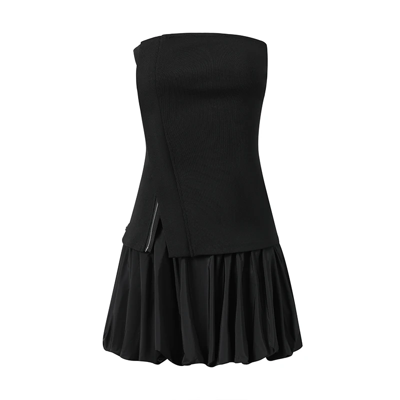 【CNLEEWEI】新品25春夏黑色可拆蓬蓬修身下摆抹胸裙女