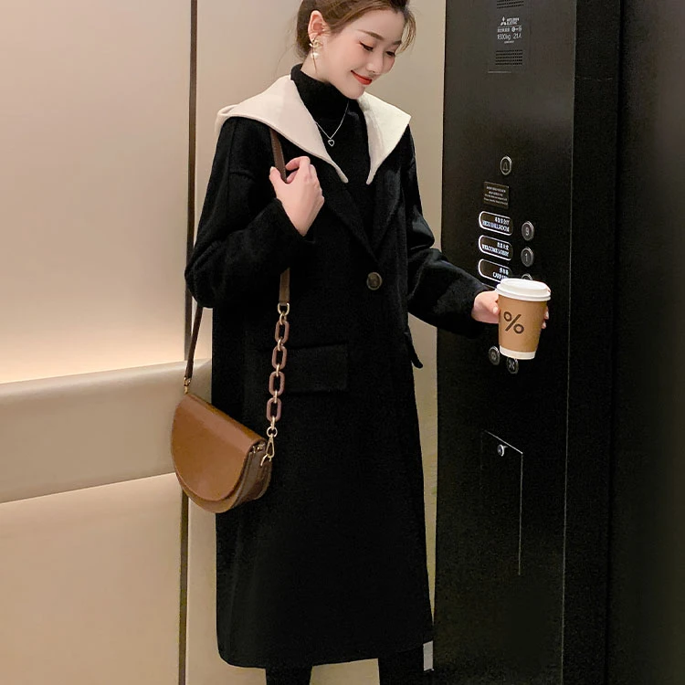 夹棉呢大衣拼接冬季韩版秋冬长款毛呢外套女加厚中长款连帽
