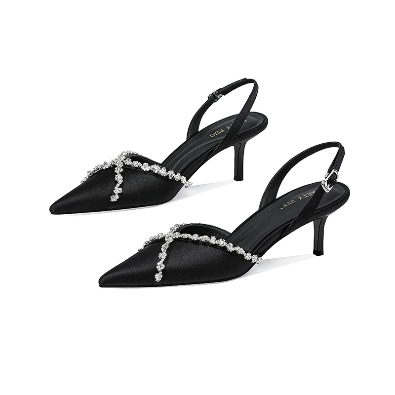 【跟高6cm】2025年夏季新款金属水钻尖头细跟高跟凉鞋外穿