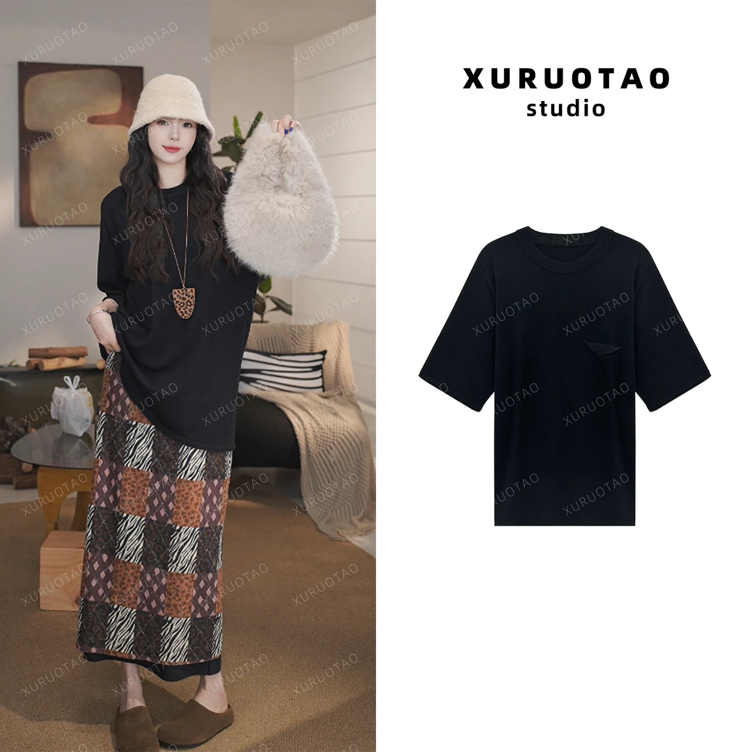 XURUOTAO 【三角针织衫】桑蚕丝针织秋冬季设计黑色上衣 T5575