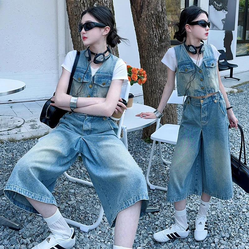 女童牛仔马甲套装2025新款洋气时髦儿童女大童阔腿设计七分裤