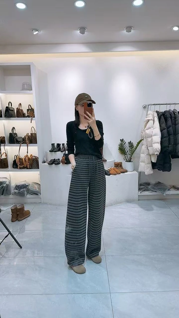 新款松紧腰显瘦条纹休闲直筒裤2582