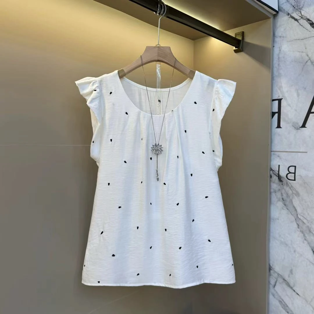 2025夏季新款欧货韩系小心心刺绣飞飞边袖子甜美减龄大码小衫867