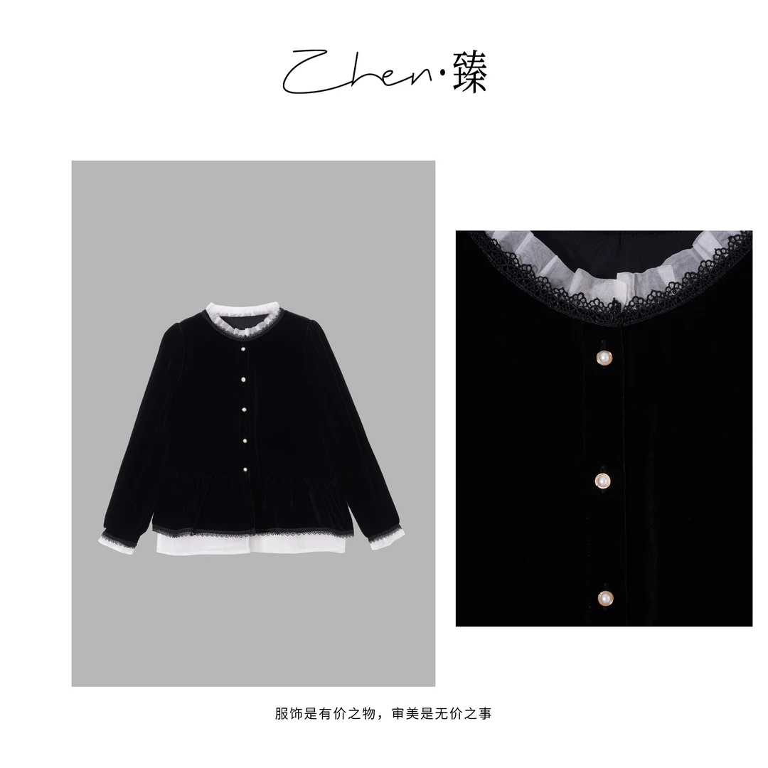 ZHEN.臻 法式轻奢蕾丝网纱假两件娃娃衫真丝丝绒外套衬衫SY7171Z