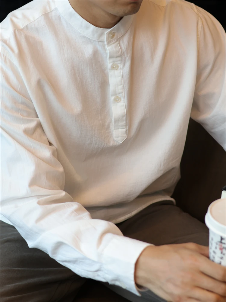 简素Design纯棉复古亨利领宽松长袖衬衫男薄款休闲通勤防晒衬衣秋