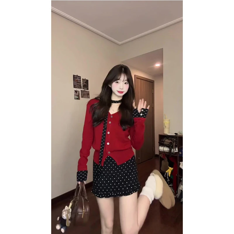 美式复古红色假两件毛衣外套女秋冬新款新年辣妹针织衫半身裙套装