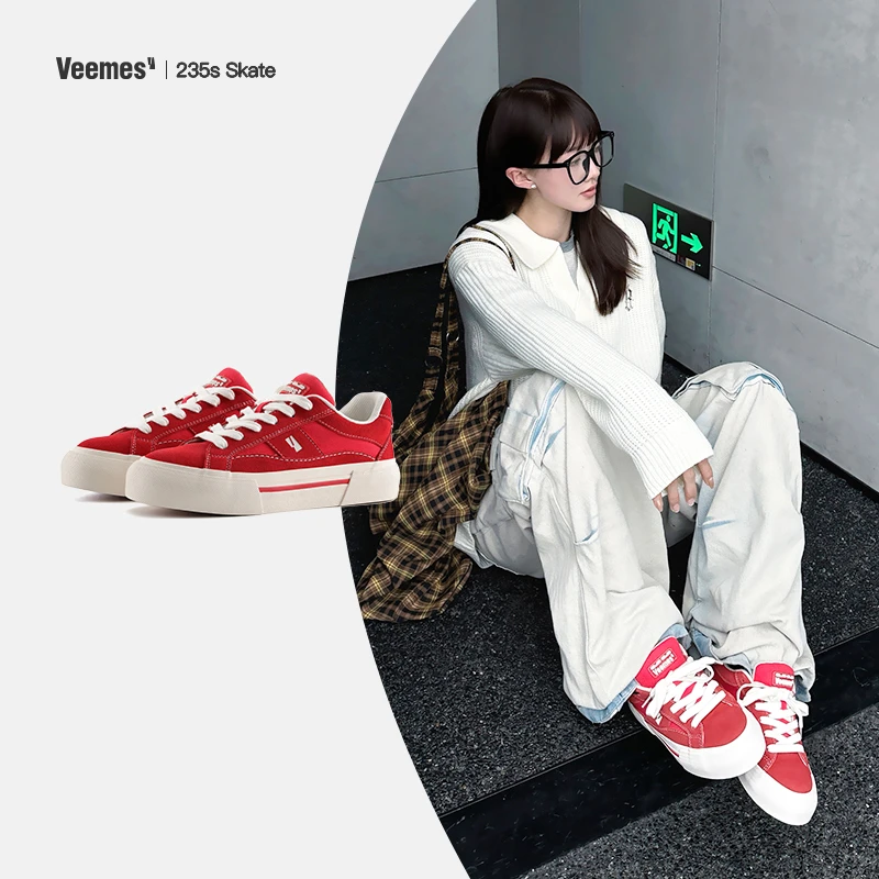 VEEMES流光风红色板鞋女生高颜值厚底帆布鞋男轻奢秋冬季时尚百搭