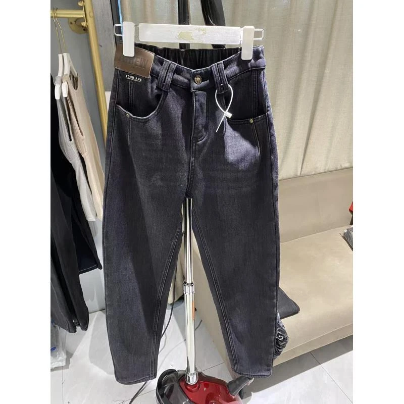 355#腰头大黄标加绒牛仔裤女哈伦裤显瘦高腰时尚百搭休闲秋冬