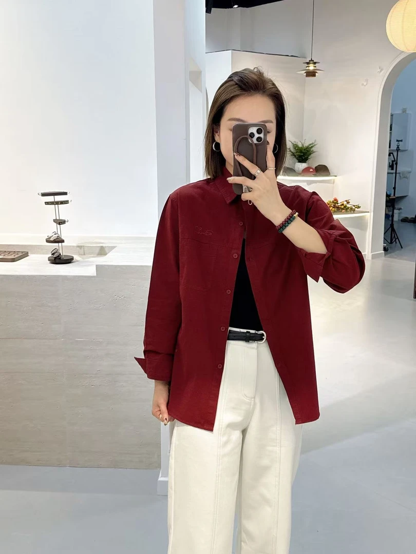 【中长款】新款刺绣口袋百搭修身显瘦衬衣上衣外套糖果色纯色简约