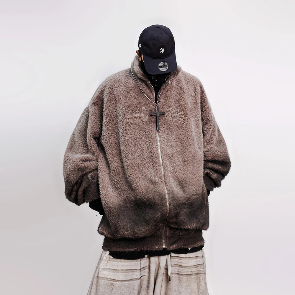 UUCSCC嘻哈潮牌马海毛毛衣针织衫宽松复古字母刺绣翻领拉链外套男