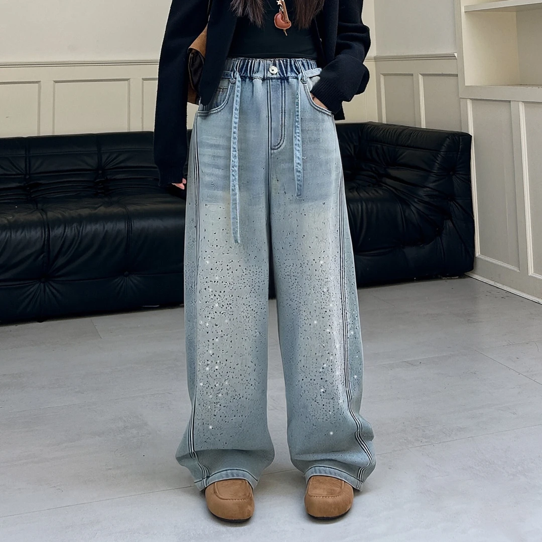 【年款】女童加绒牛仔裤烫钻窄版弯刀裤2025新款女大童洋气牛仔长裤