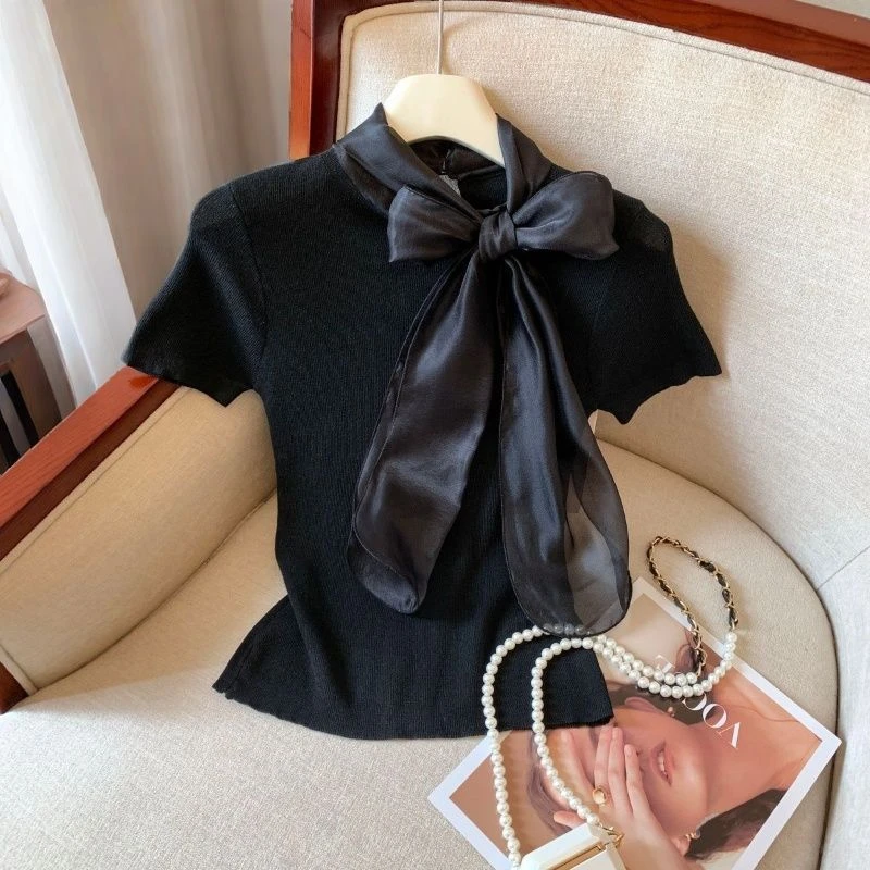 法式淑女气质结缎面温柔绑带短袖夏季显瘦百搭修身气质短款上衣