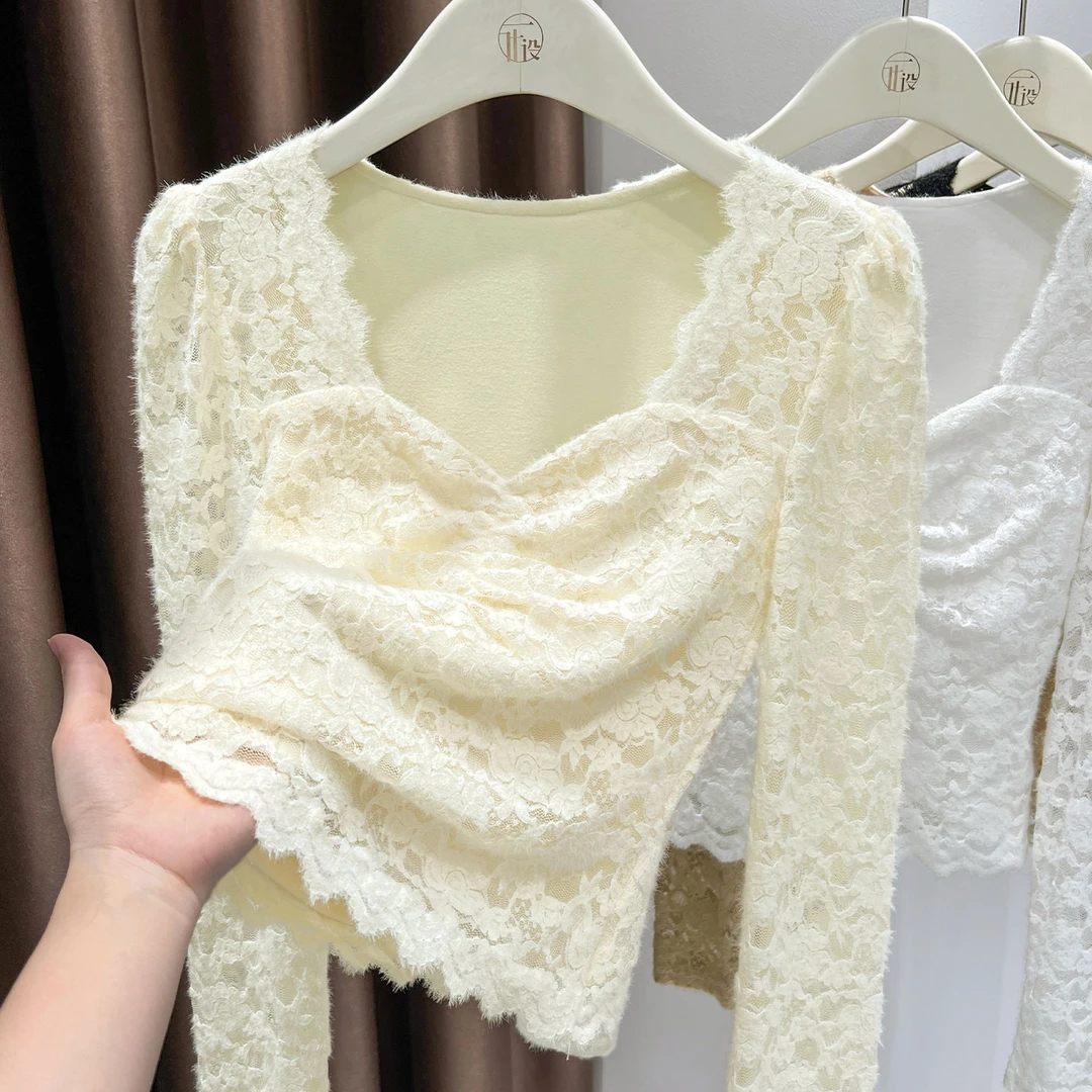 V领泡泡袖蕾丝短款长袖上衣秋季新款加绒保暖低领网纱打底衫内搭