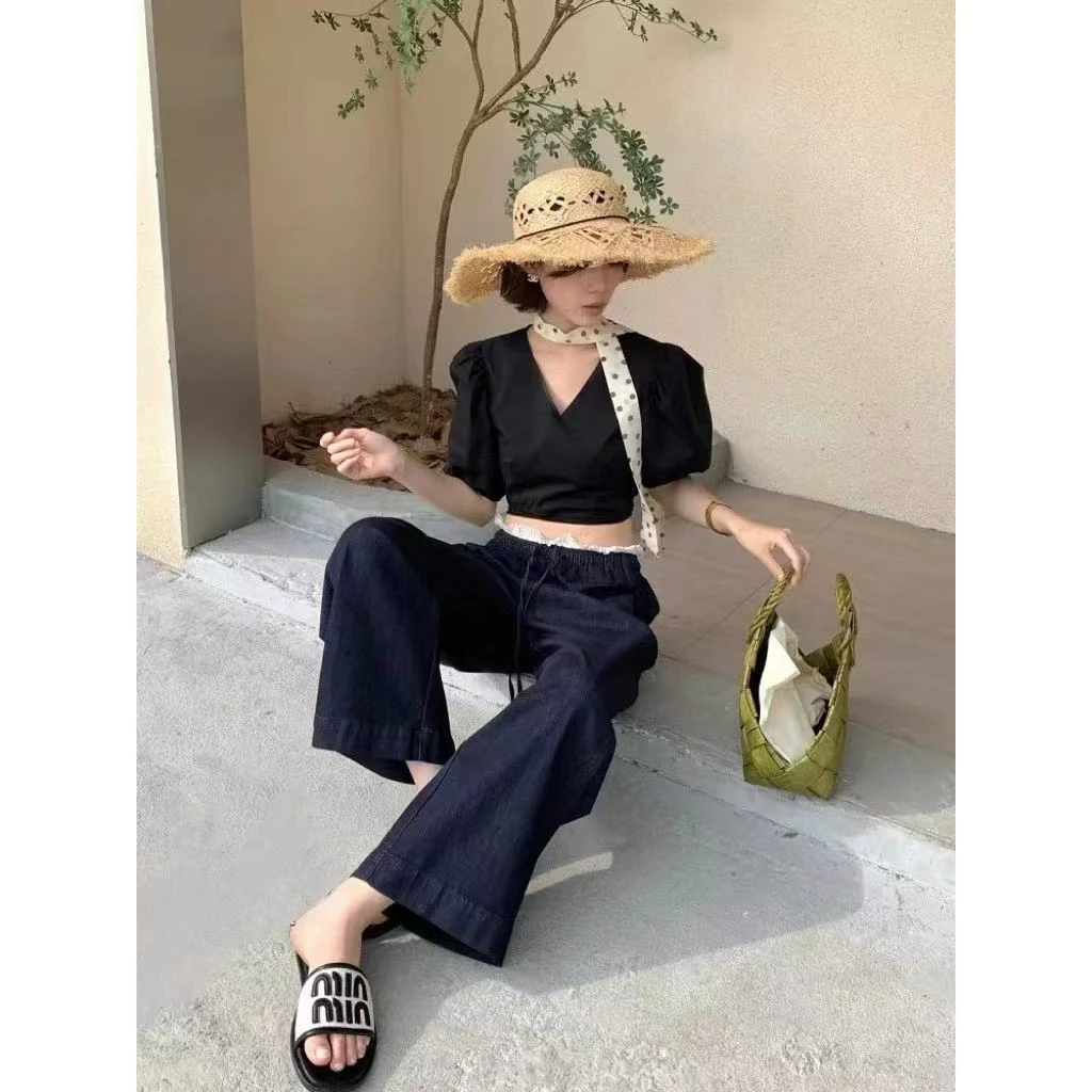 复古蕾丝拼接松紧窄版阔腿山本裤（裤长93左右）