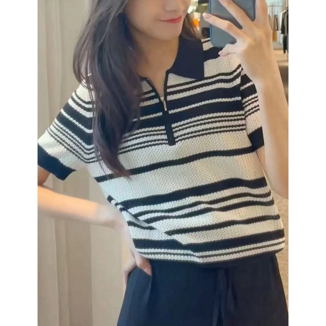 丽丽家~拉链条纹短袖显瘦网红短款时尚百搭夏季复古上衣