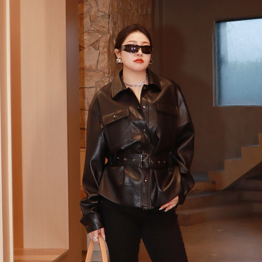 多肉宝贝宋佳同款100%羊皮外套女大码胖mm显瘦气质皮衣2508AL5153