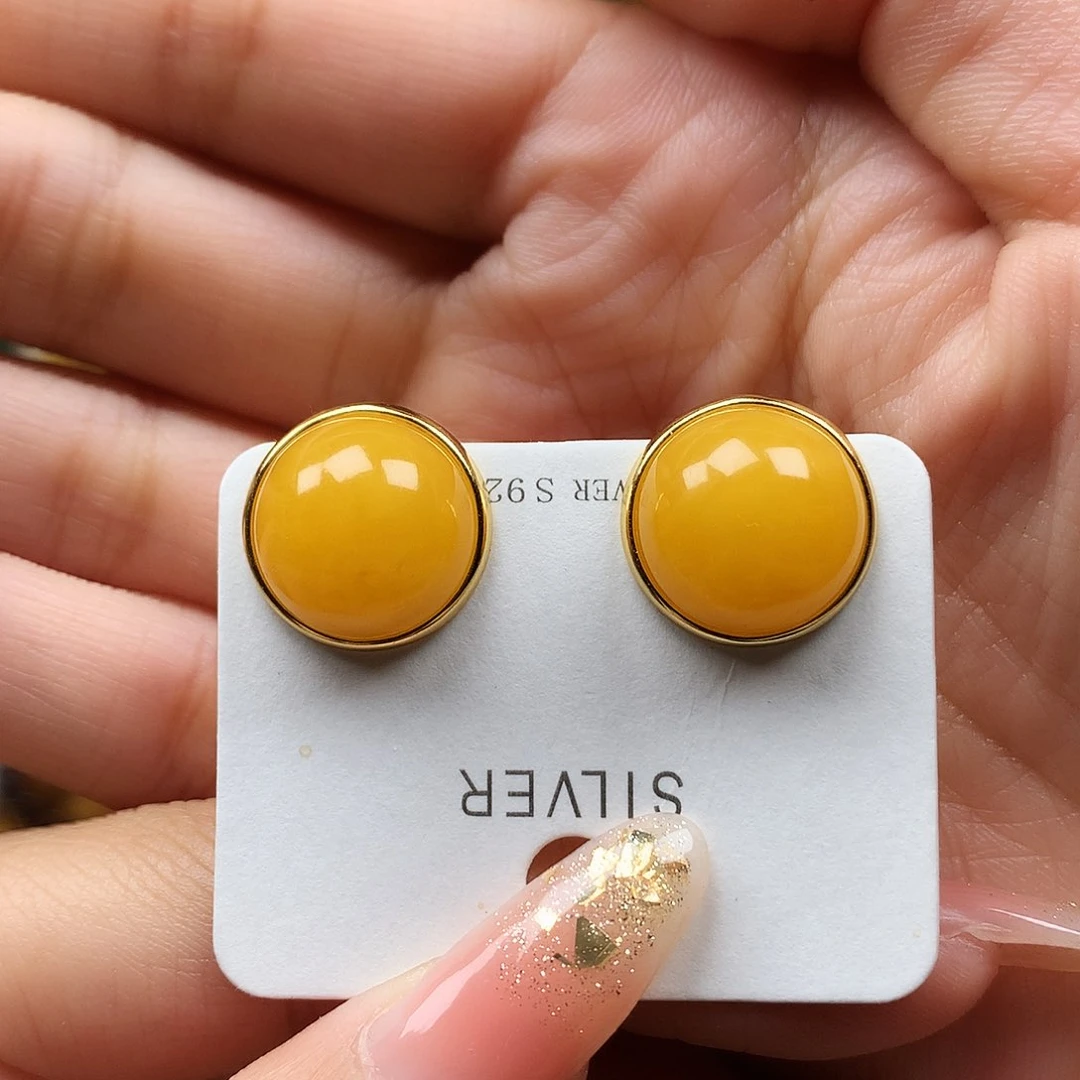 蜜蜡耳饰银S925镶嵌耳钉