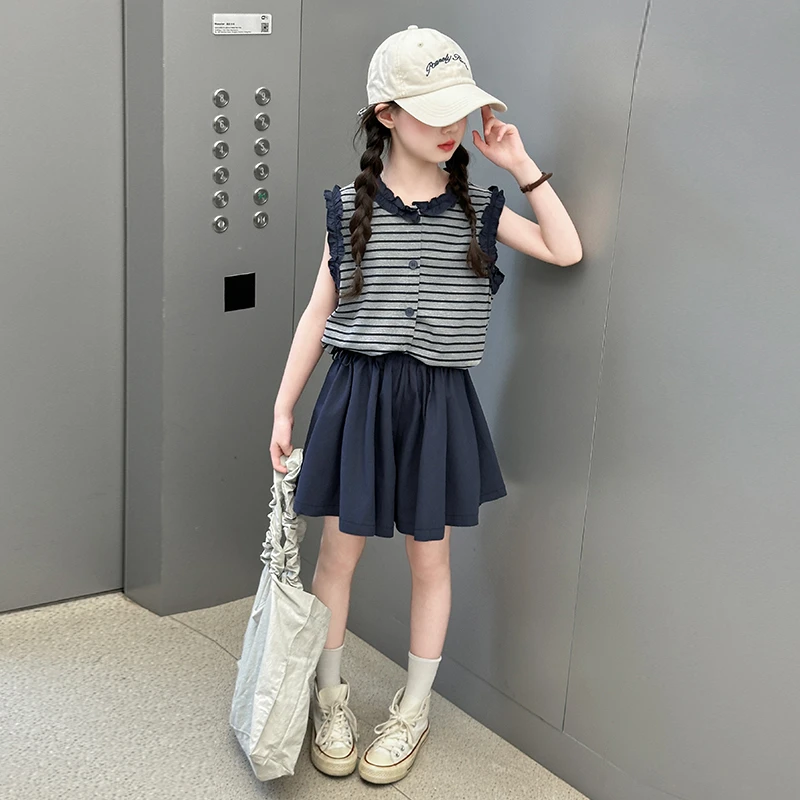 女童夏装套装2025新款洋气儿童条纹开衫中大童宽松休闲裙裤两件套