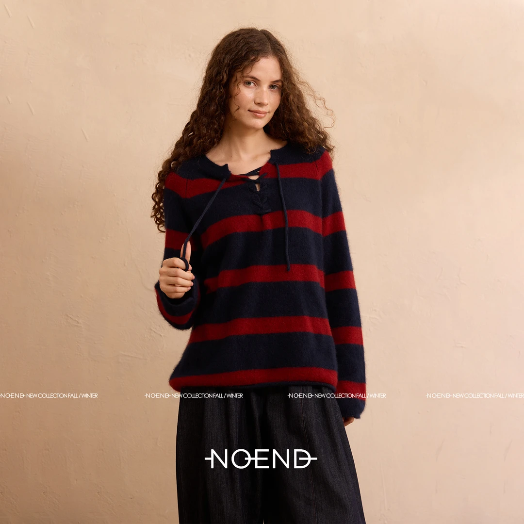 NOEND复古电影彩色条纹绑带棉羊毛休闲长袖棉羊毛针织衫