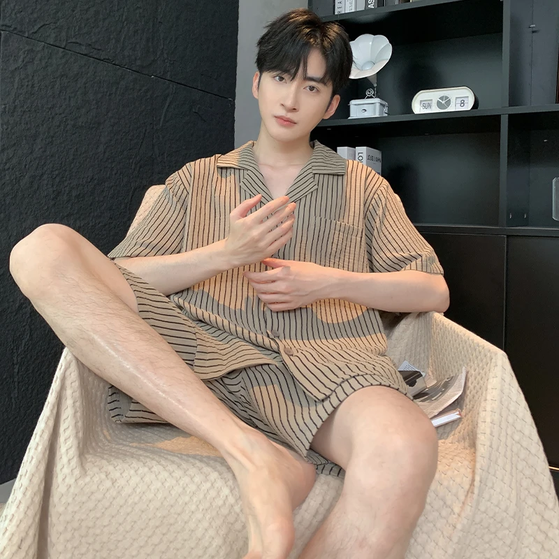 睡衣男士夏季短袖短裤云朵棉全棉条纹男款可外穿家居服套装
