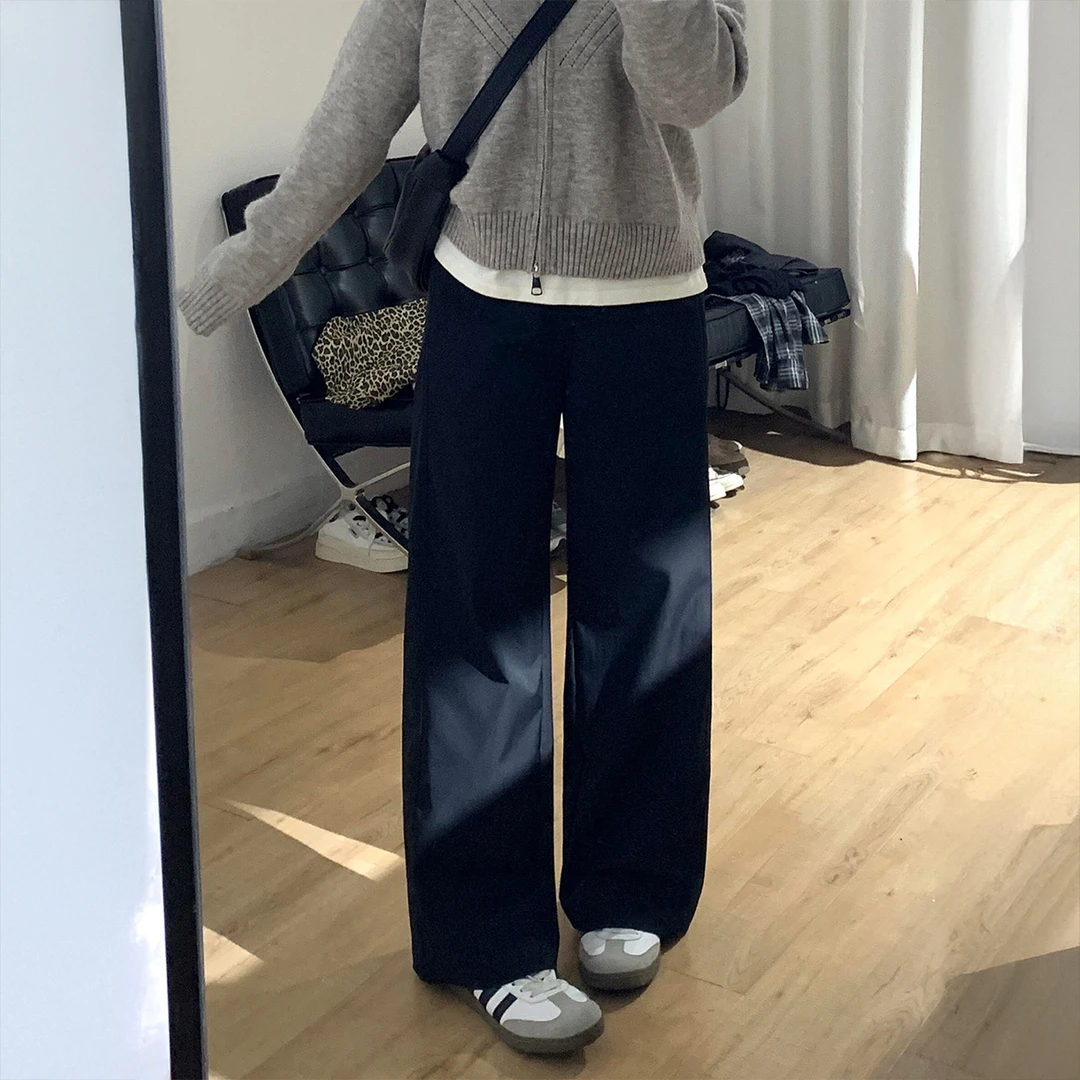 秋季大码黑色西装裤女新款胖妹妹mm高腰设计感宽松遮胯直筒休闲裤