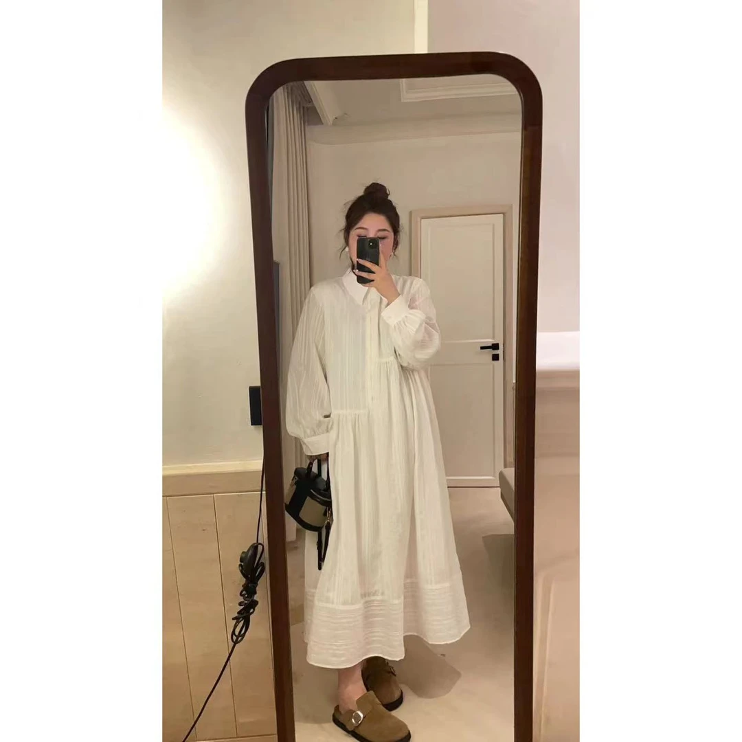 晶咕【错位美学】森女气质感衬衫领长袖连衣裙韩宽松温柔白色复古