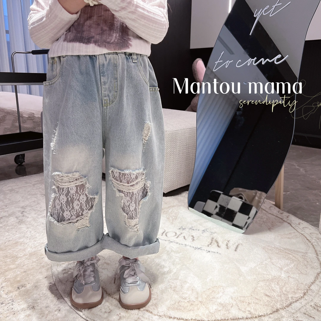 【馒头家】【新款】破洞蕾丝直筒牛仔裤春秋季女童时尚百搭洋气
