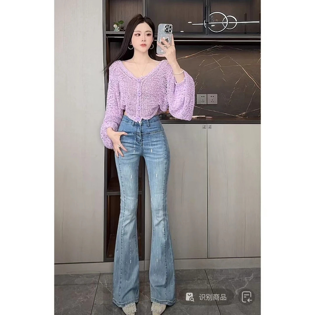 曼曼【流钻星河】满天星镶钻微喇叭裤女小香风弹力显瘦牛仔裤