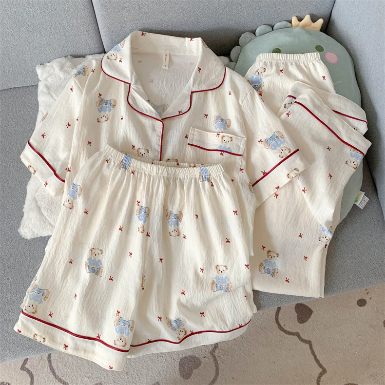 三件套卡通蝴蝶结小熊睡衣女夏季云朵棉短袖日系可爱ins风家居服