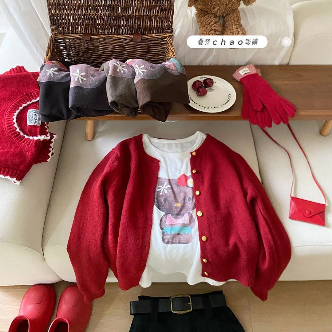 可爱趣味卡通小猫印花雪花长袖T恤女秋内搭外穿高弹舒适上衣