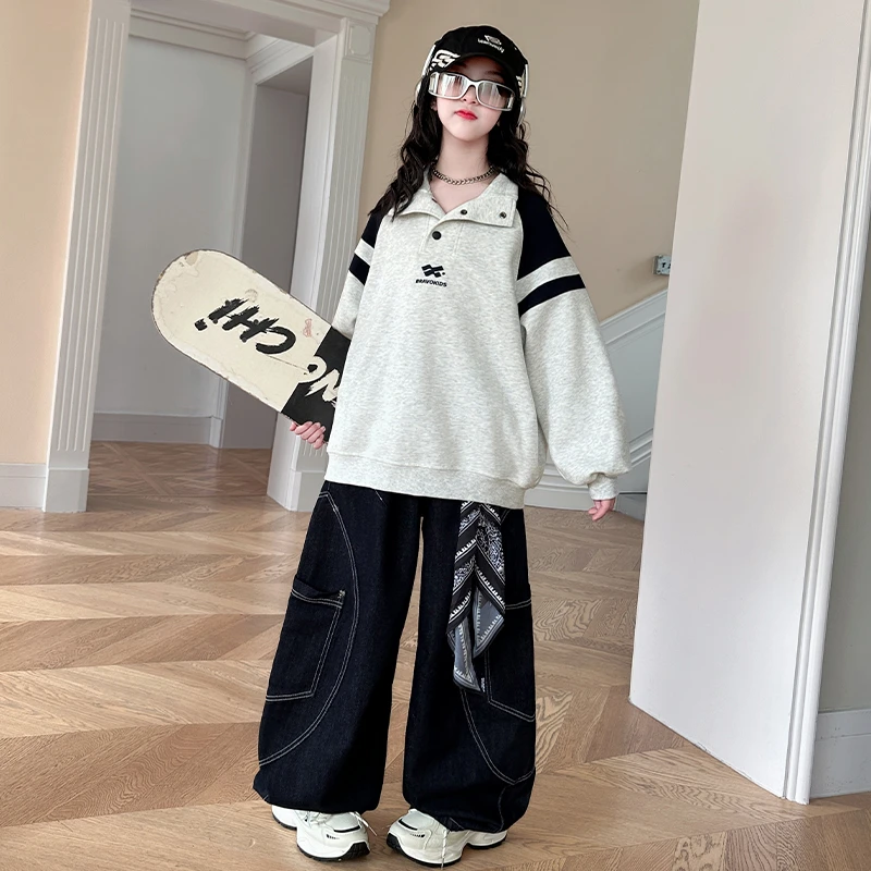 女童卫衣套装春秋2025新款儿童洋气大童女孩秋季上衣牛仔裤两件套